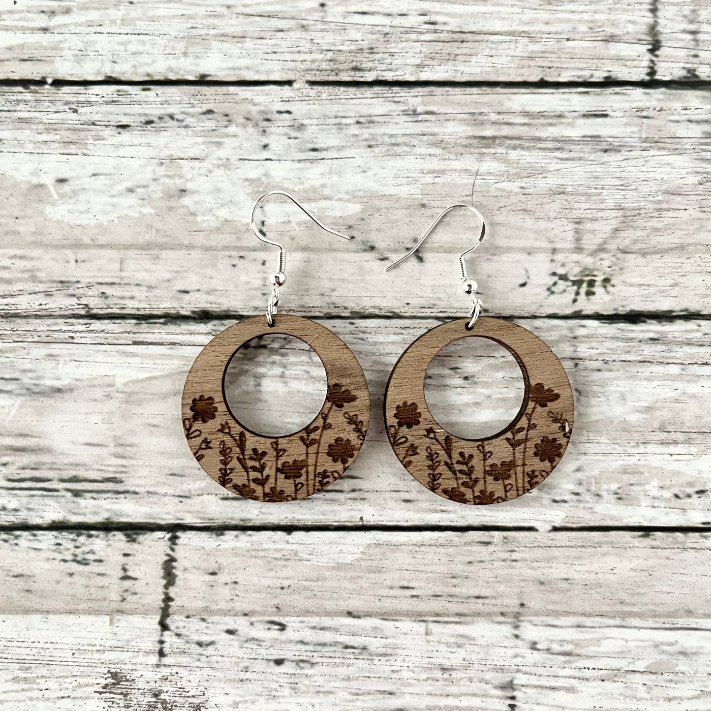 Wildflowers engraved wood earrings