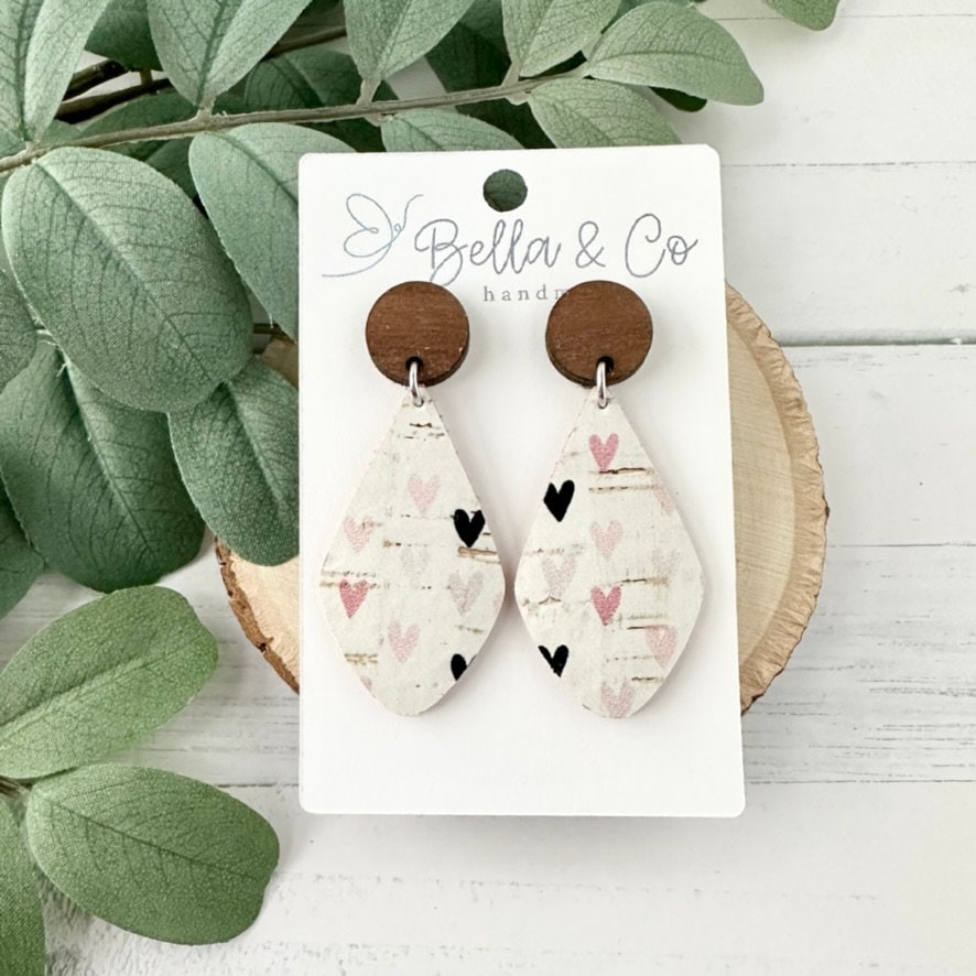 leather earrings, wood earrings, heart earrings, nickel free, lightweight dangle earrings, valentines day gift for her, galentines day gifts