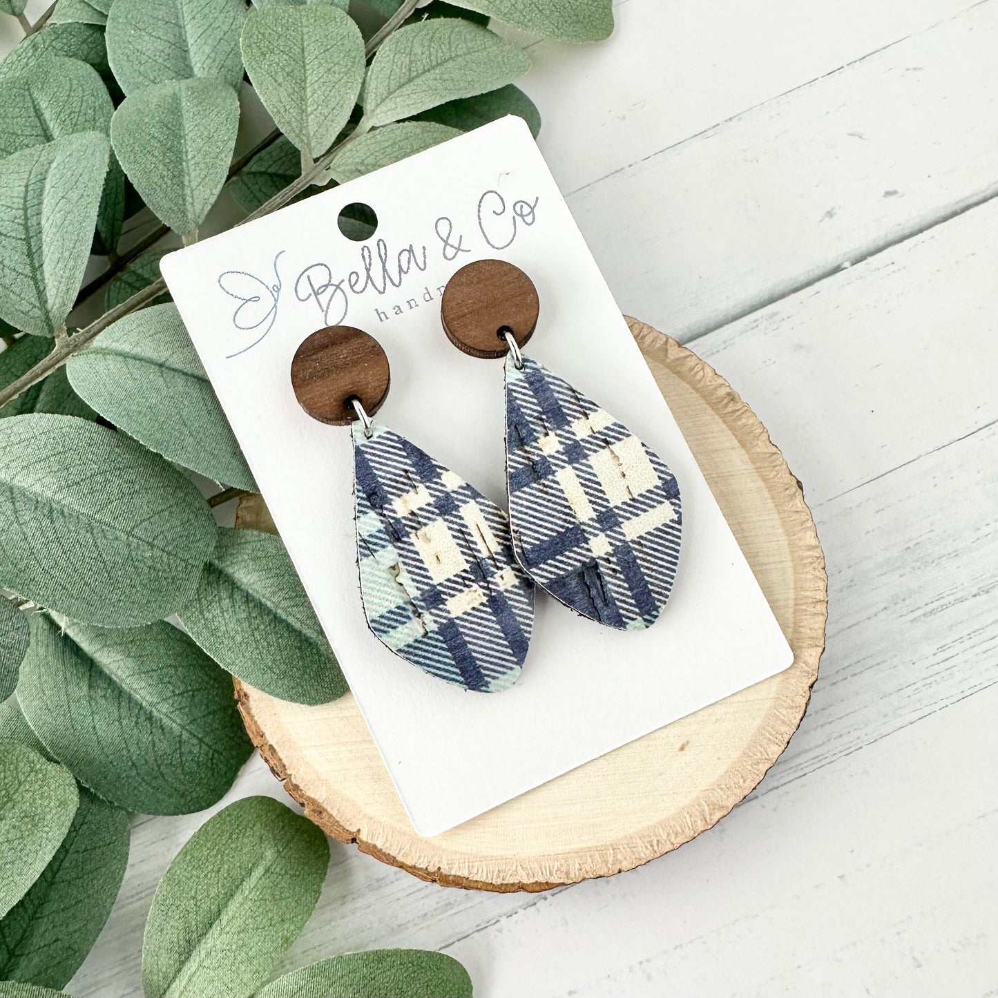leather earrings, wood earrings, plaid earrings, nickel free, lightweight dangle earrings, valentines day gift for her, galentines day gifts