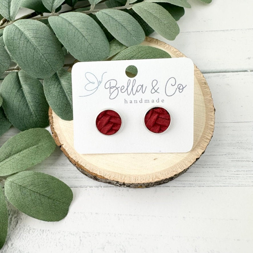 leather stud earrings, stud earrings silver, nickel free, red stud earrings, valentines day gift for her, galentines day gifts for friends
