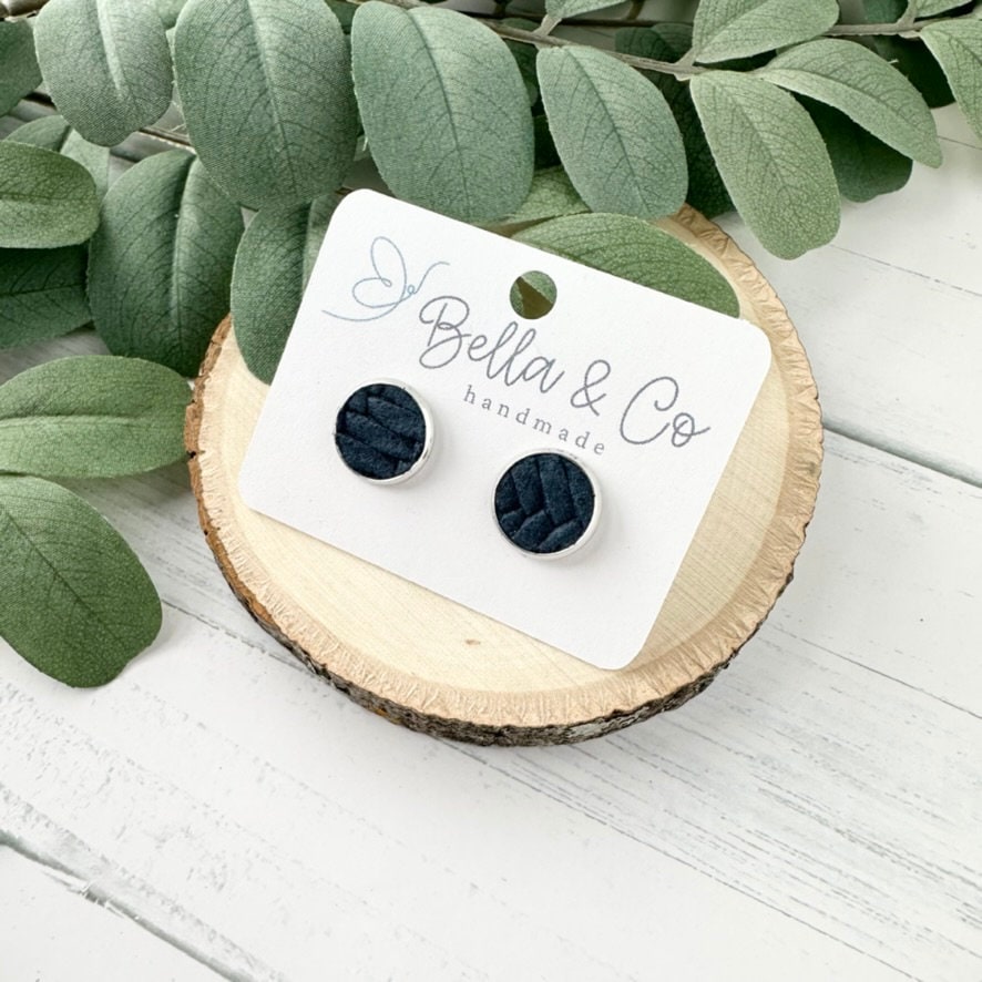 leather stud earrings, stud earrings silver, nickel free, blue stud earrings, valentines day gift for her, birthday gift for friend