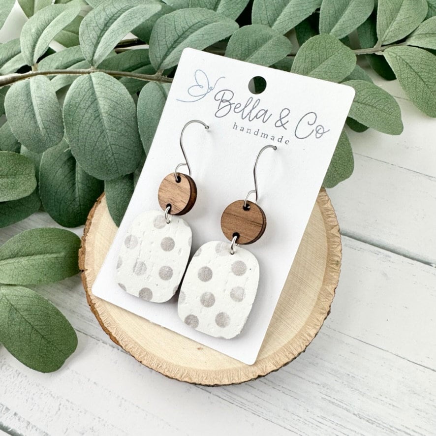 leather wood earrings, leather cork earrings, polka dot earrings, nickel free, lightweight earrings, gifts for her, boho earrings,