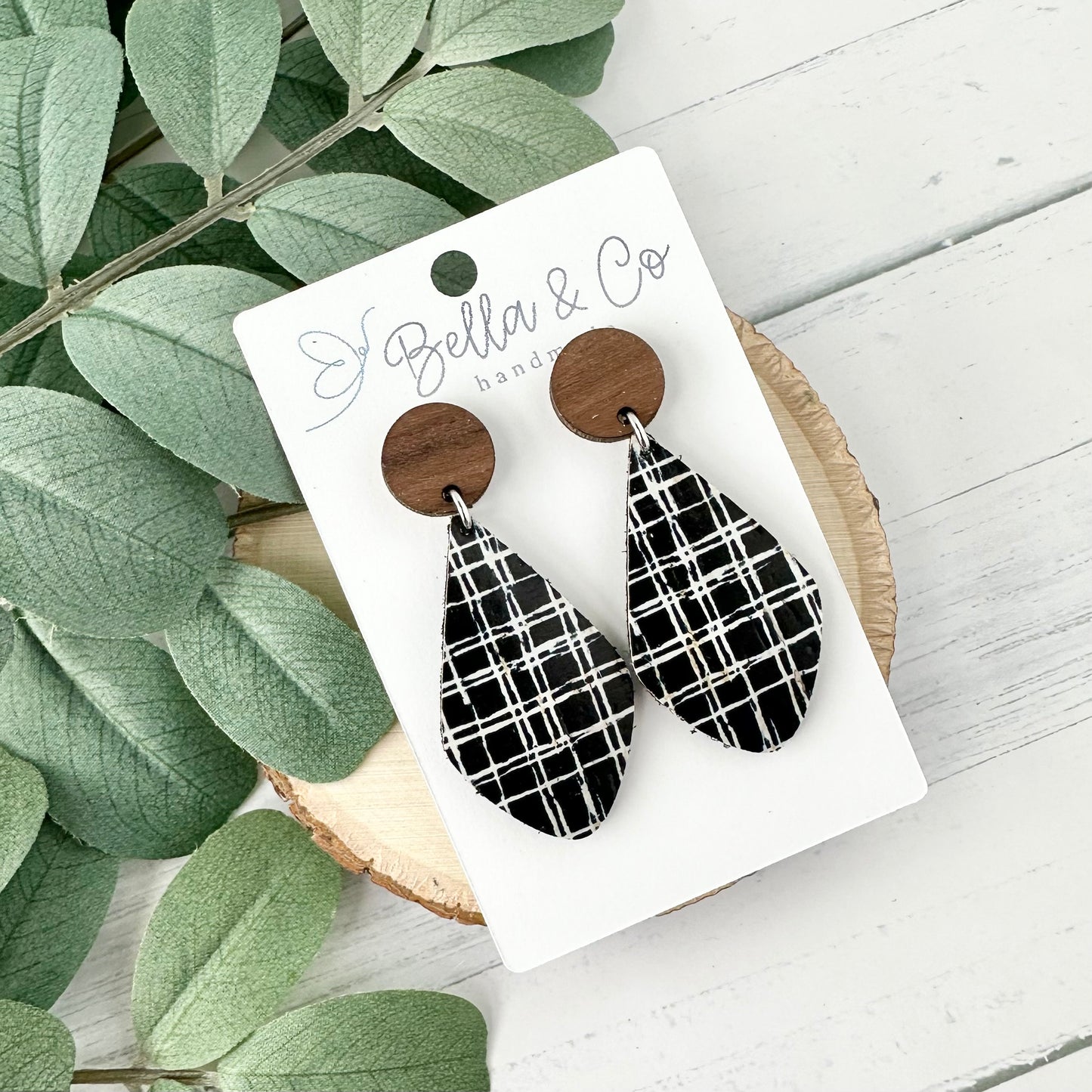 leather earrings, wood earrings, plaid earrings, nickel free, lightweight dangle earrings, valentines day gift for her, galentines day gifts