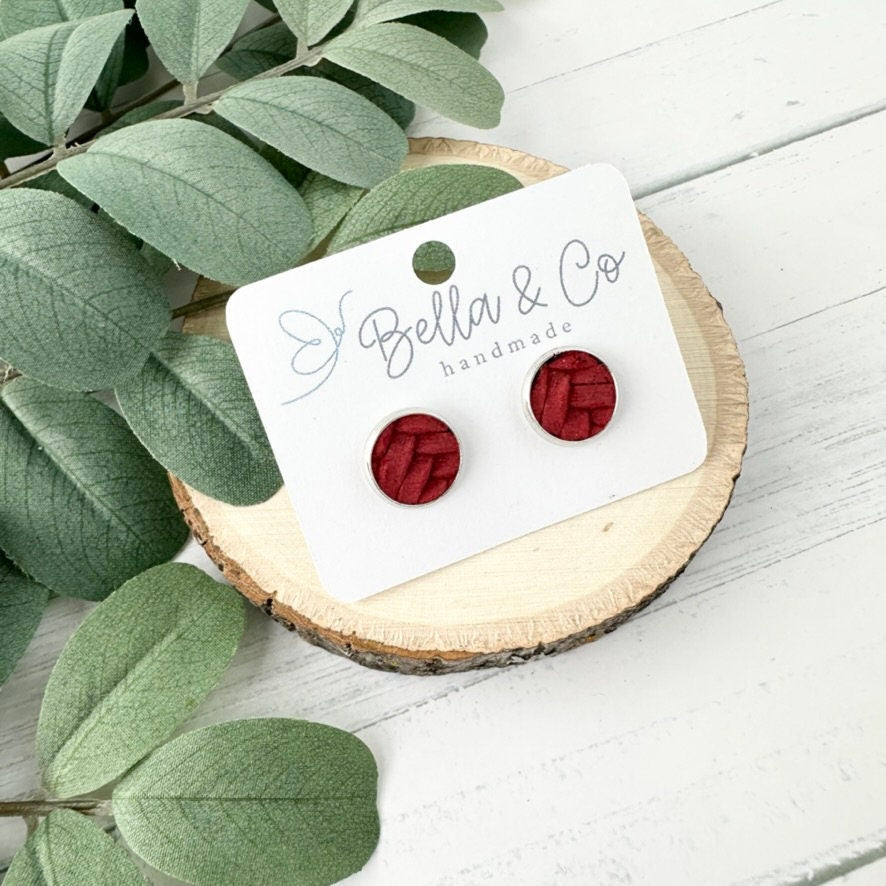 leather stud earrings, stud earrings silver, nickel free, red stud earrings, valentines day gift for her, galentines day gifts for friends