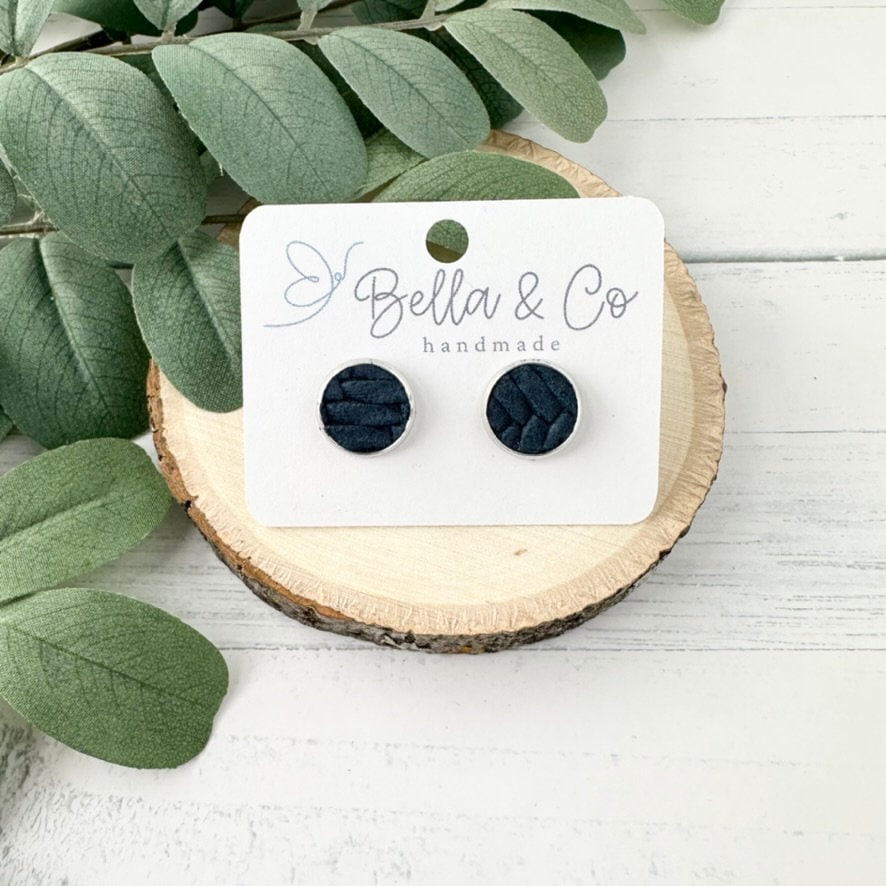 leather stud earrings, stud earrings silver, nickel free, blue stud earrings, valentines day gift for her, birthday gift for friend